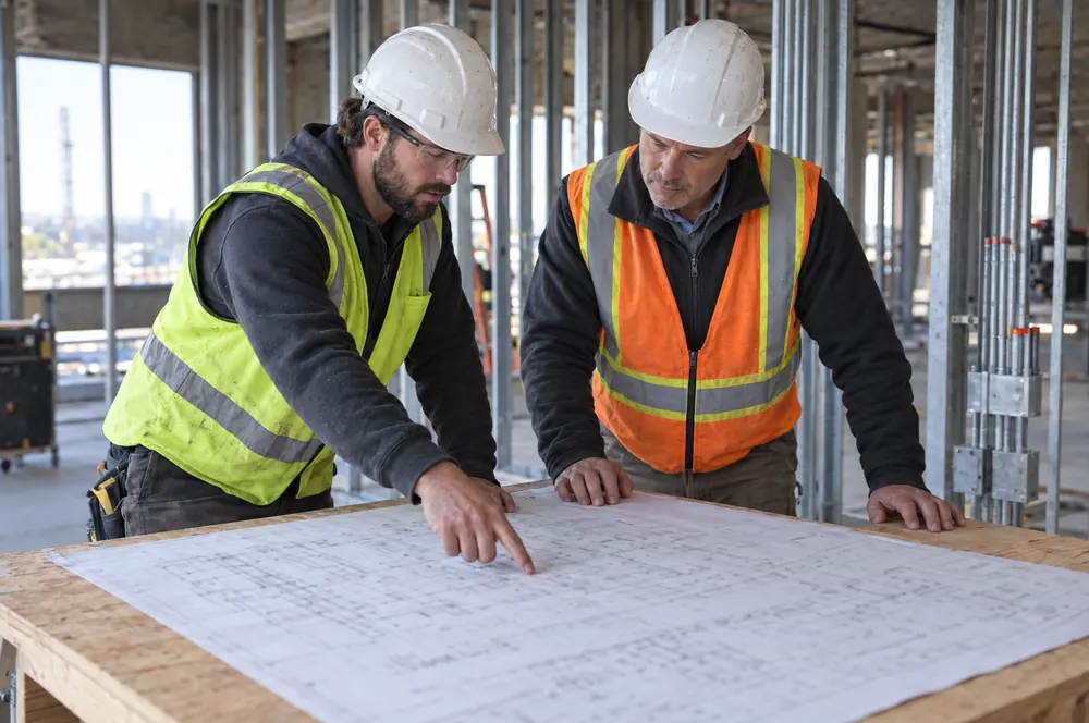 Electrical contractor and general contractor reviewing drawings on a jobsite