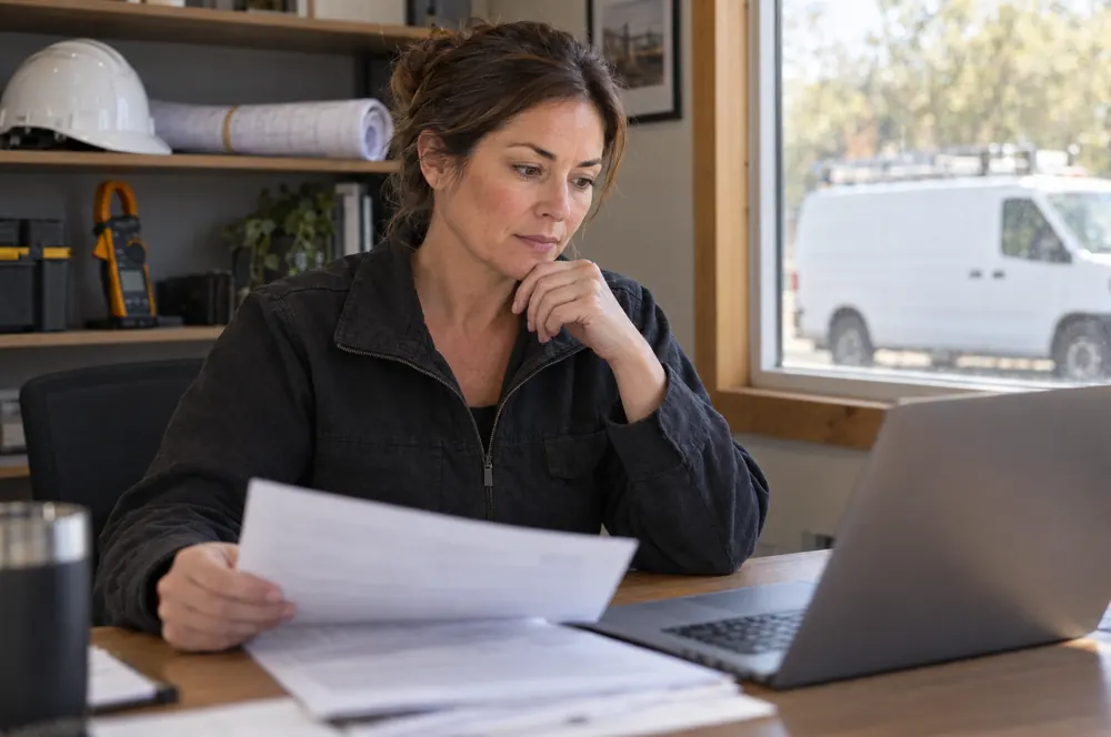 Electrical shop owner comparing insurance costs on a laptop