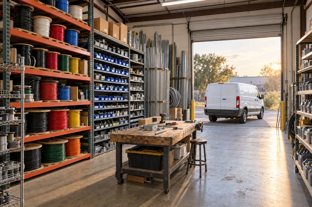 Electrical contractor's shop with wire spools, parts bins and a van in the bay