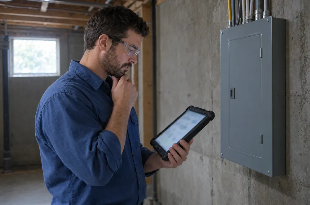 Electrician working through a load calculation on a tablet beside a panel