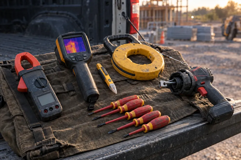 Clamp meter, thermal camera and wire puller laid out on a tailgate