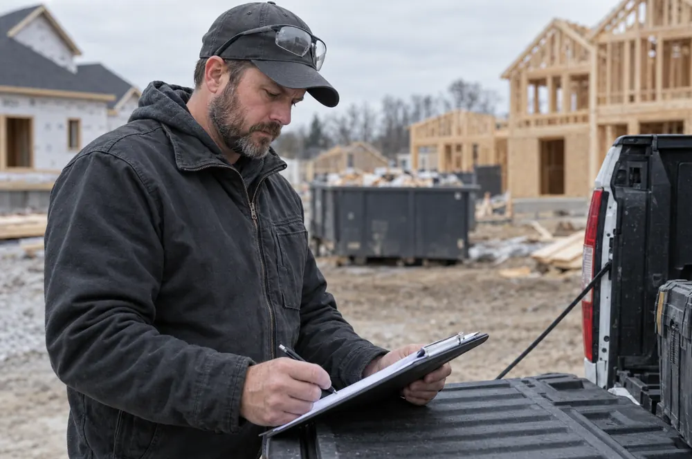 Electrical contractor reviewing permit paperwork at a truck tailgate