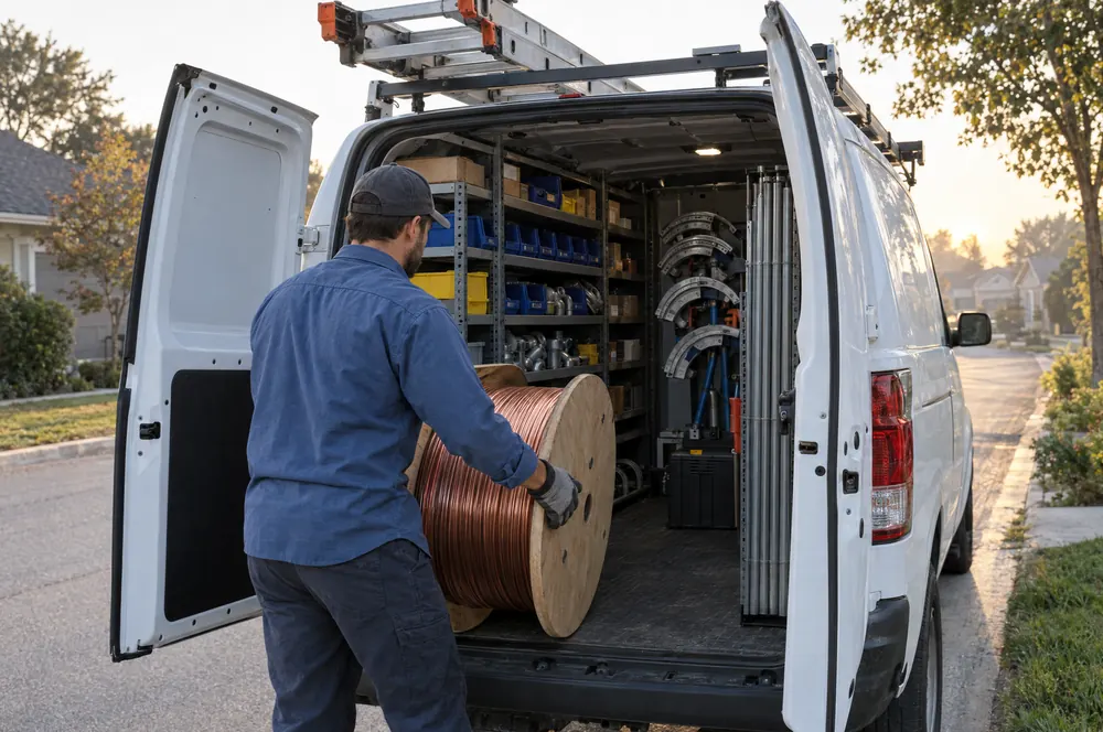 Electrician loading a wire spool into a work van with a ladder rack