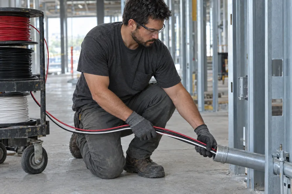 Electricians pulling wire through conduit on a job where subcontractors also work