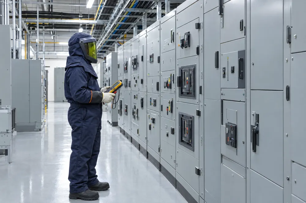 Electrician in arc-rated gear inspecting industrial switchgear