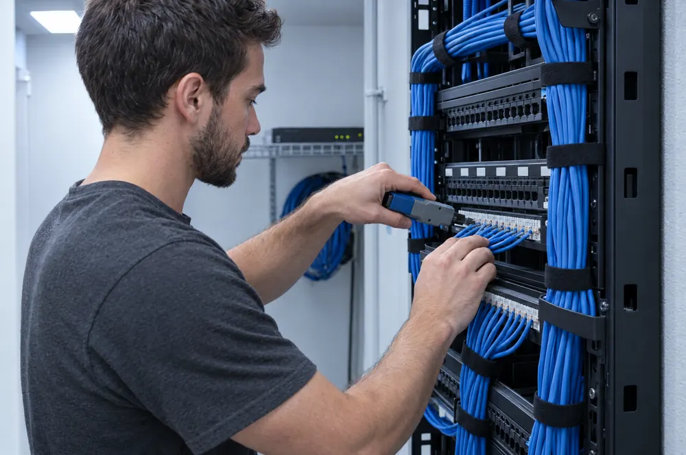 Low-voltage technician terminating cables in a network rack